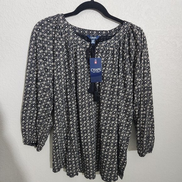 Chaps Shirt Womens XL Black White Boho Peasant Lace Up Long Sleeve Geometric - Picture 1 of 16